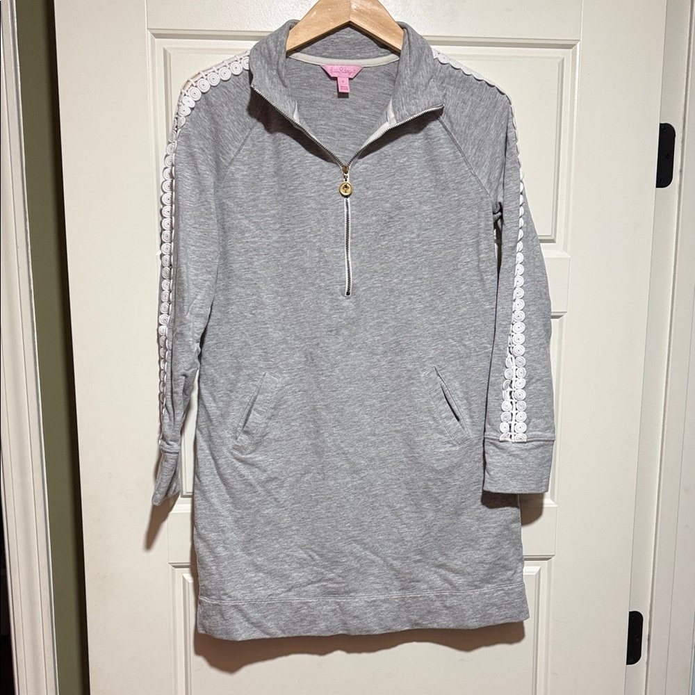 Lilly Pulitzer Light Gray Lace-Trim Long Sleeve Mini Dress slipper popover - Picture 2 of 10